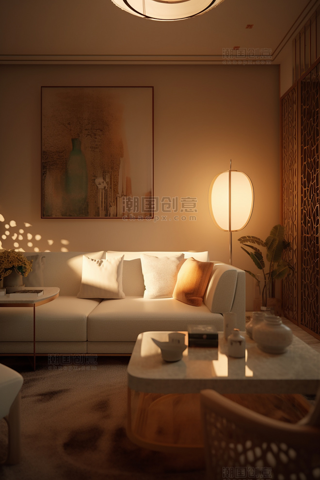 室内设计拍摄的房地产照片客厅温暖的光线柔和的装饰优雅