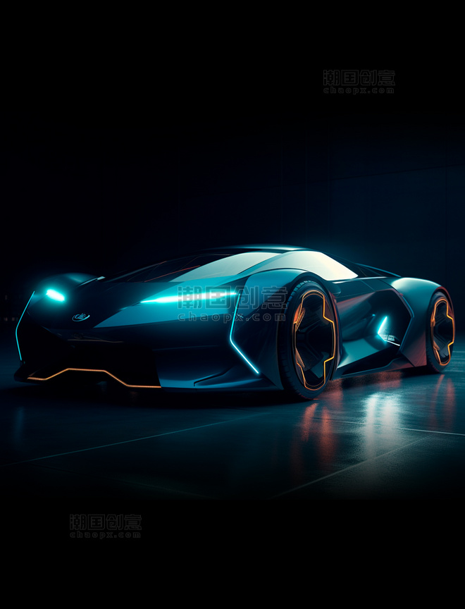 复合碳纤维暗黑酷炫未来概念超级跑车蓝色大灯