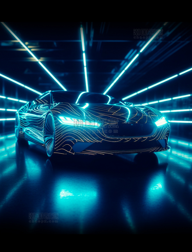 隧道蓝色光线透视感线条科技未来概念汽车