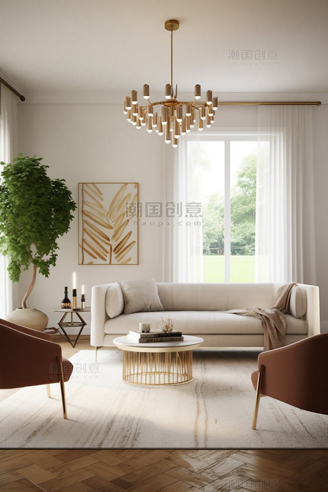 茶几沙发地毯吊灯扶手椅现代有机风格的住宅室内设计项目房间室内装修