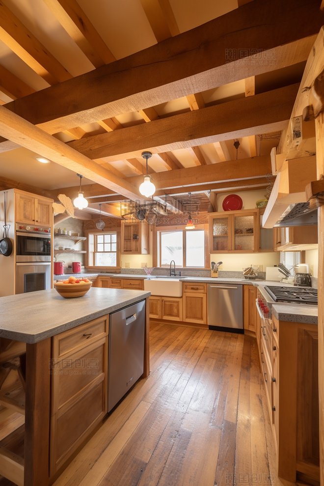 现代厨房的内部有裸露的木梁精致的细节超广角和房地产摄影