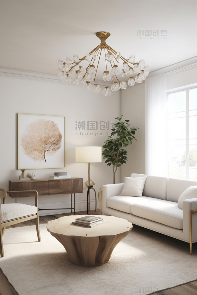 一个三座沙发地毯茶几吊灯扶手椅现代有机风格的住宅室内设计项目房间室内装修