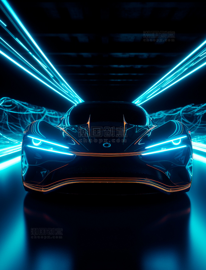 亮起大灯的光线科幻超级跑车停在隧道里