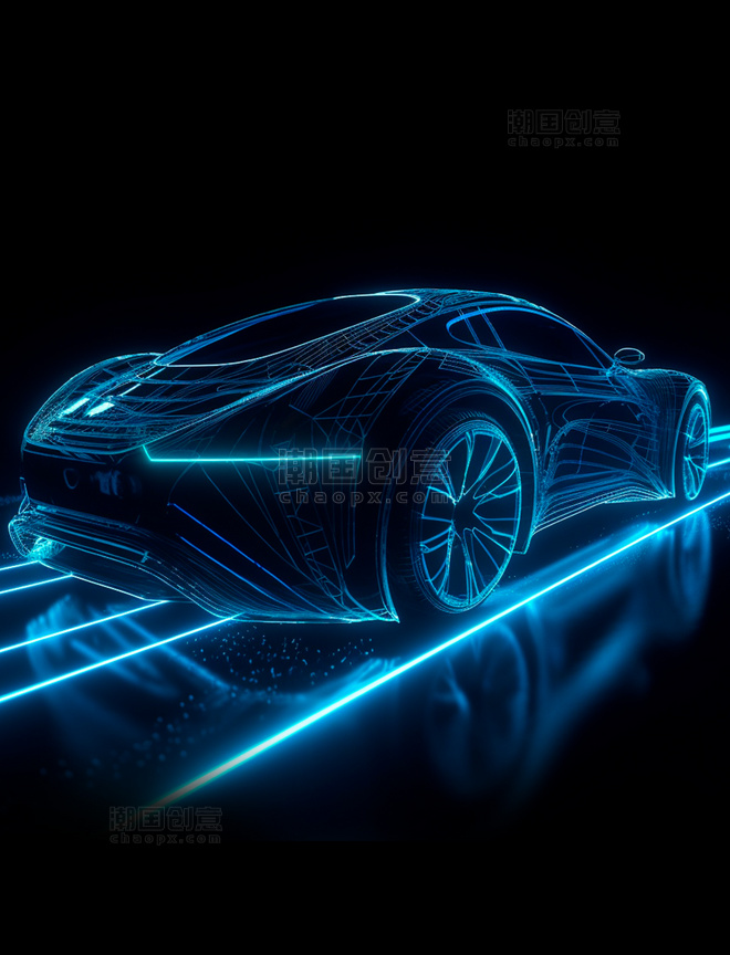 蓝色光线组成的透视感超级跑车未来概念汽车