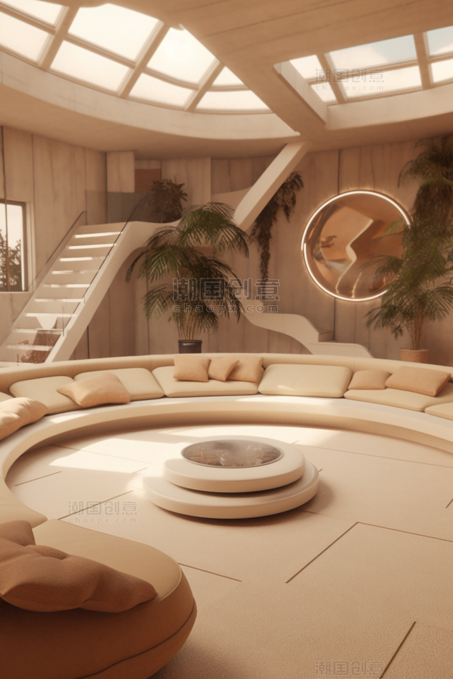 复古未来主义下沉式客厅对话坑70年代室内设计3d梦幻房地产拍摄