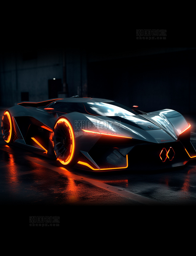 橙色光线炫酷大灯碳纤维未来科幻概念跑车汽车