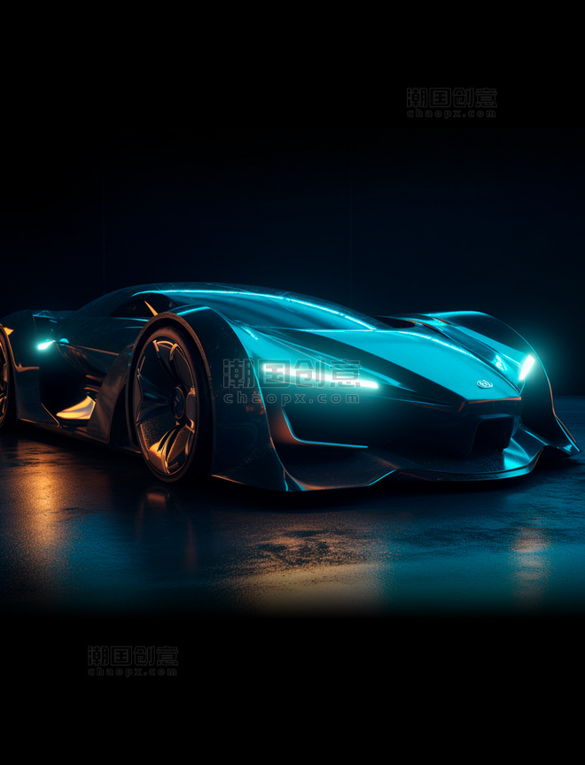 黑夜上亮起蓝色大灯的未来概念超级跑车