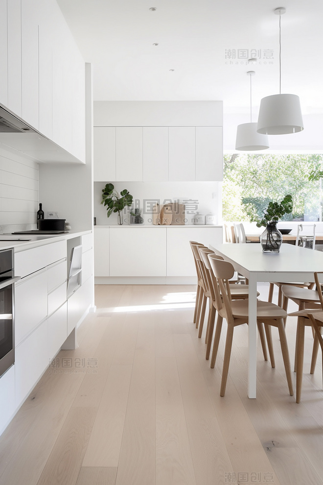 宽敞现代室内摄影极简主义厨房白色橱柜浅色木质装饰明亮