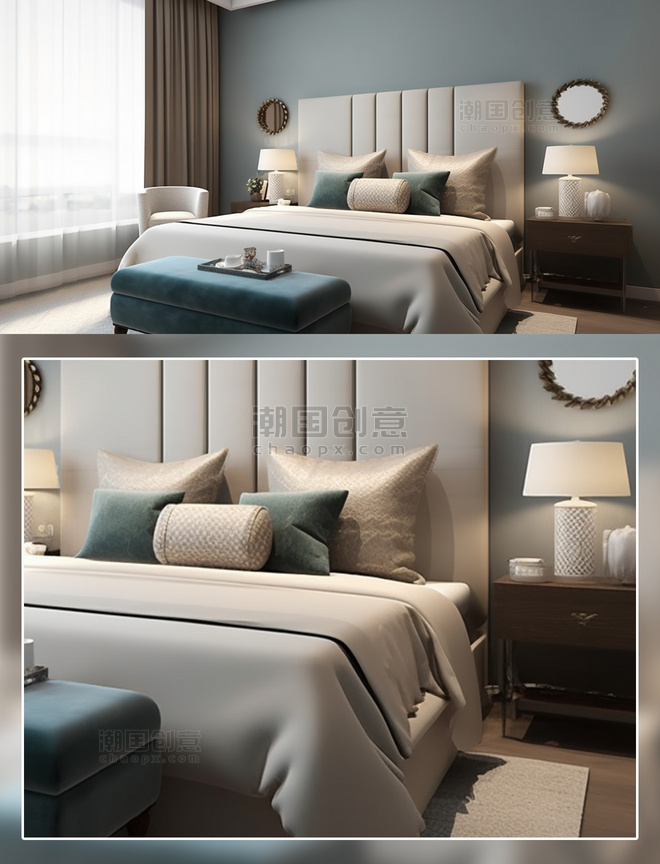现代卧室床床头凳子场景摄影房间室内装修房间室内装修