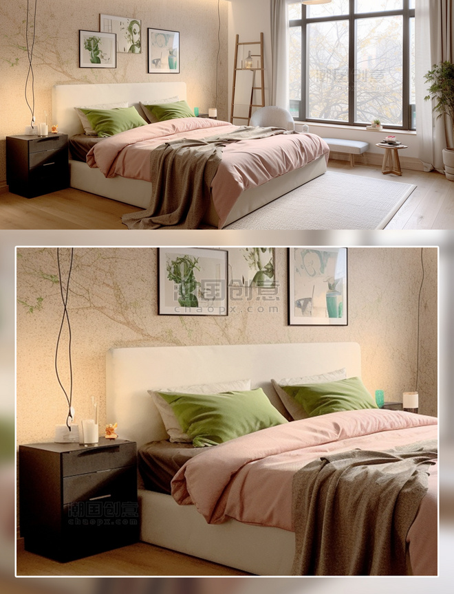 现代卧室房间床粉色被子窗户创景摄影房间室内装修房间室内装修