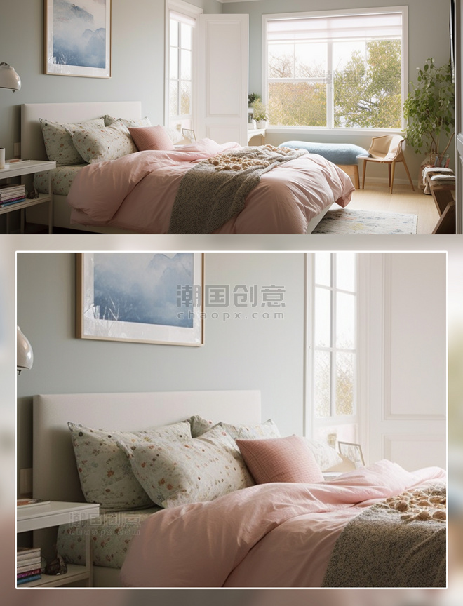 温馨卧室床粉色被子场景摄影房间室内装修房间室内装修