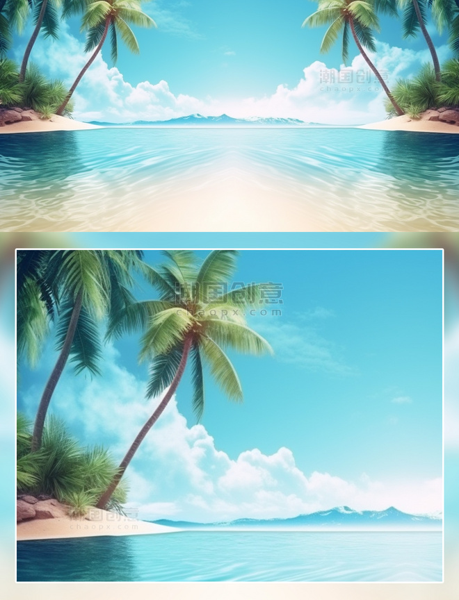 蓝色海边椰子树夏天场景摄影夏季度假