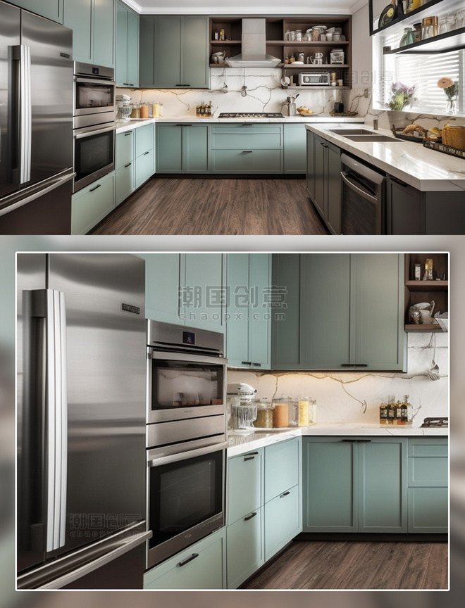 现代厨房场景厨具冰箱淡绿色摄影房间室内装修房间室内装修