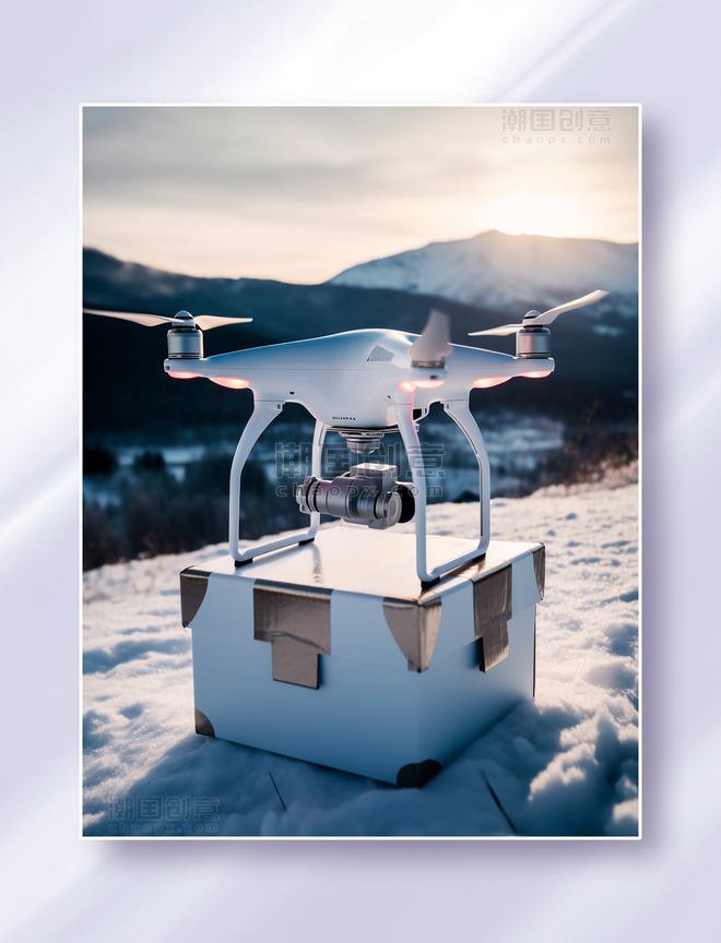 在偏远的山区雪山上执行包裹快递物资投送的高科技无人机