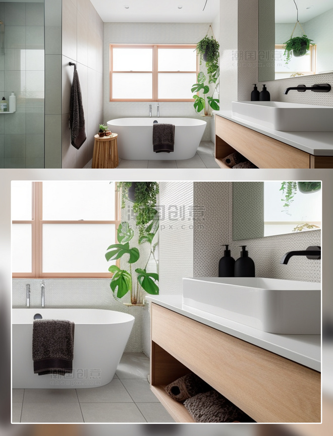 浴室现代绿植浴缸洗手台摄影房间室内装修