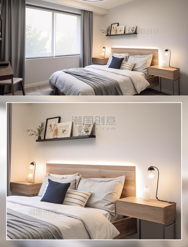 现代卧室房间床白色被子窗户窗帘场景摄影房间室内装修房间室内装修
