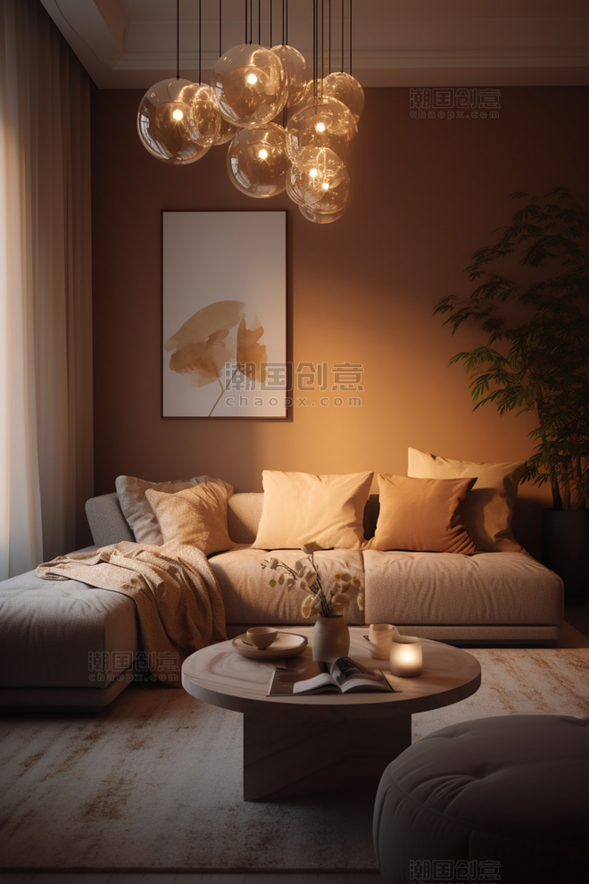 客厅室内设计温暖的光线柔和的装饰优雅拍摄的房地产照片