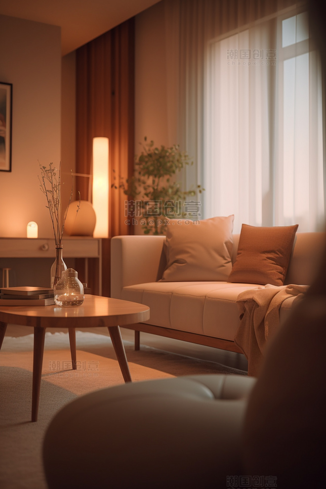 温暖的光线柔和的装饰优雅室内设计客厅拍摄的房地产照片