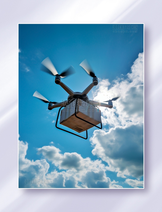 飞行在空中进行快递包裹运输的高科技智能无人机