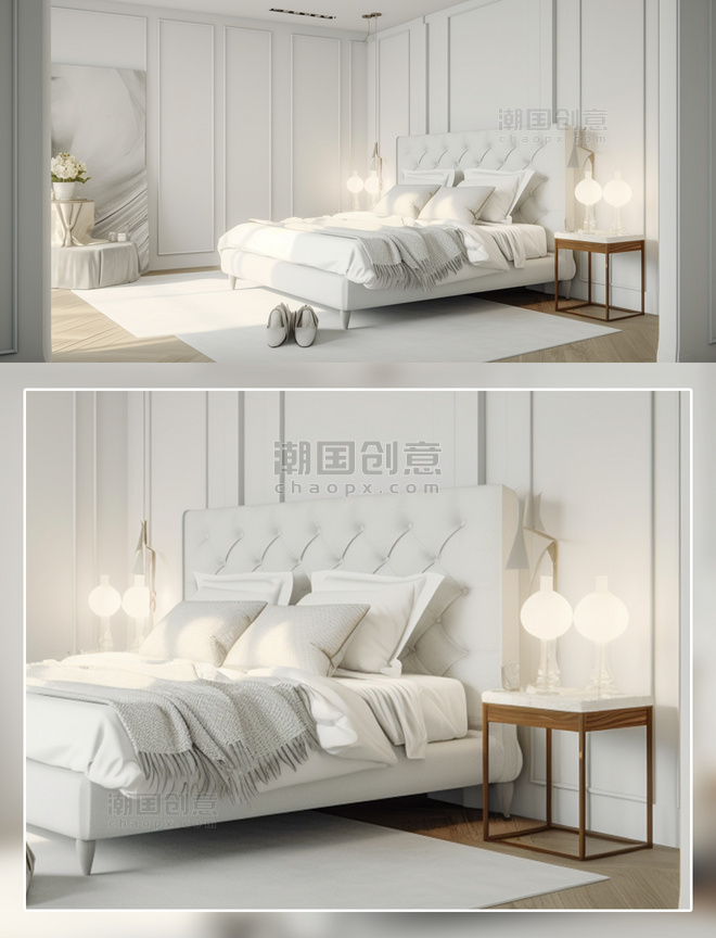 现代白色明亮卧室床场景摄影房间室内装修房间室内装修