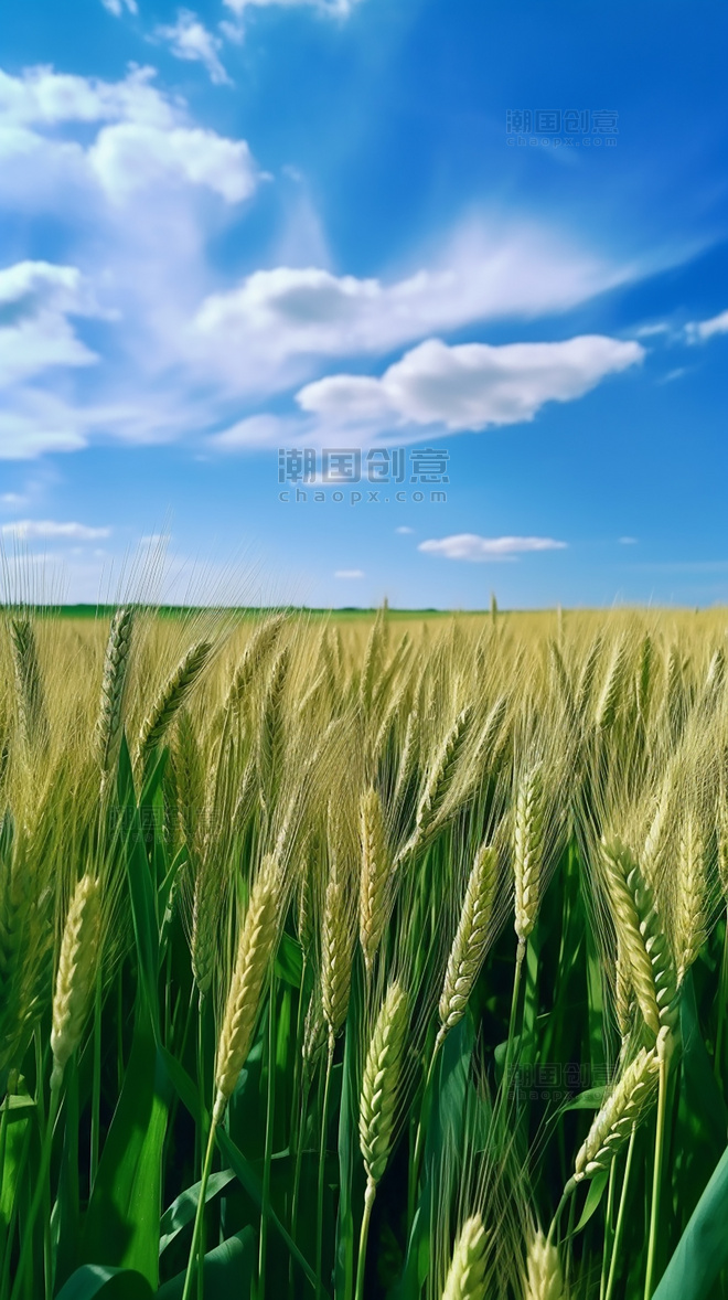 蓝天白云小满春天小麦麦穗一片麦田摄影图阳光明媚的春天