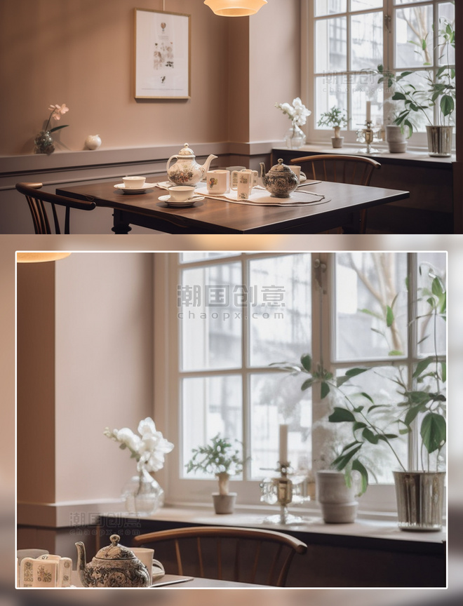 现代简约茶室茶具桌椅场景摄影房间室内装修
