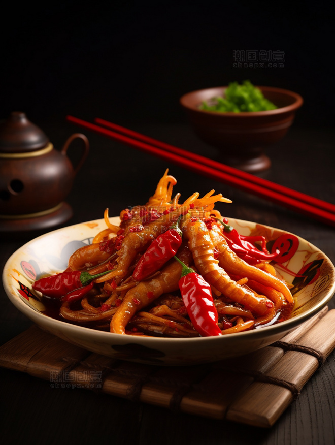 中餐爆炒鸡爪辣鸡爪中式餐饮川菜中国菜摄影图高清食物拍摄