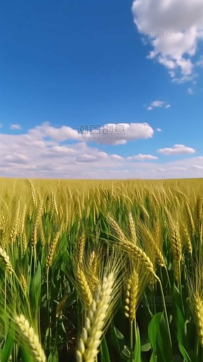 春天小麦麦穗小满一片麦田蓝天白云摄影图阳光明媚的春天