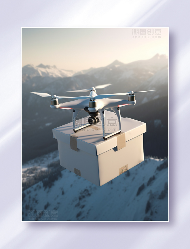 在雪山高空进行远程包裹物资快递运送的高科技无人机