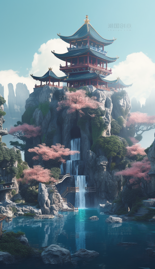 中式建筑桃花浮岛山水风景图