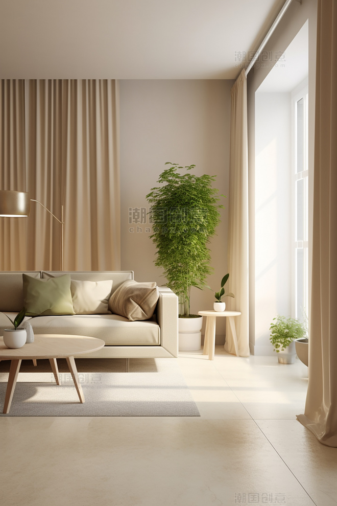 照片真实感3D渲染米色大客厅广阔视角桦树双人沙发小茶几室内装修装潢