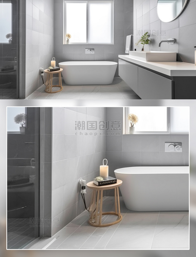 现代简洁浴室浴缸洗手台场景摄影房间室内装修
