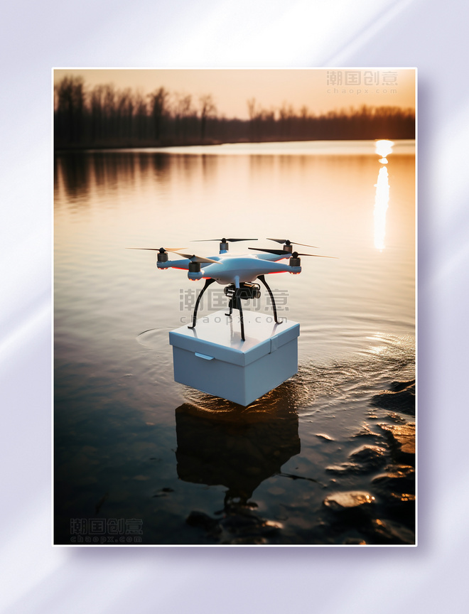 湖泊上进行空中包裹快递运输的高科技无人机