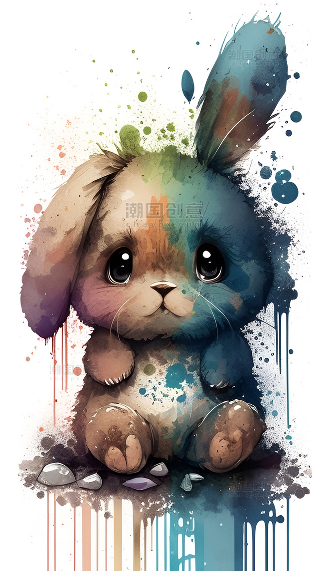 水彩泼墨十二生肖小兔子创意艺术插画