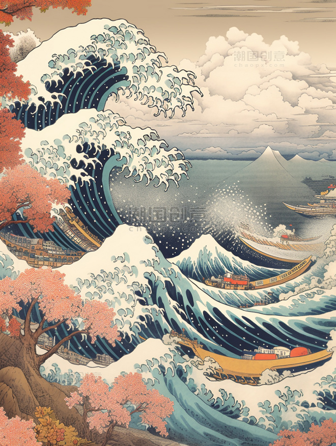 日式浮世绘浪花复古背景