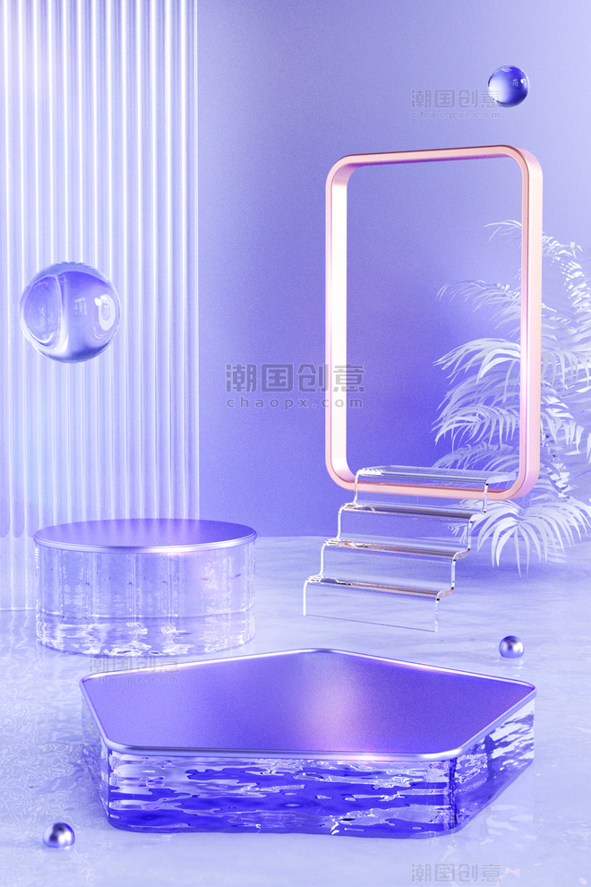 蓝紫色玻璃清透3D电商促销场景展台