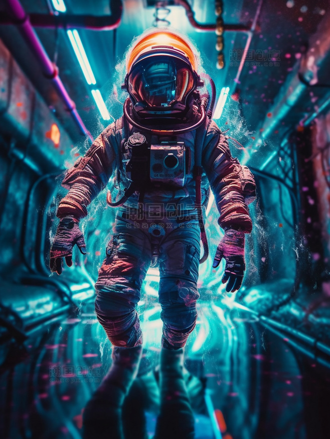 漫步在空间站的宇航员数字插画