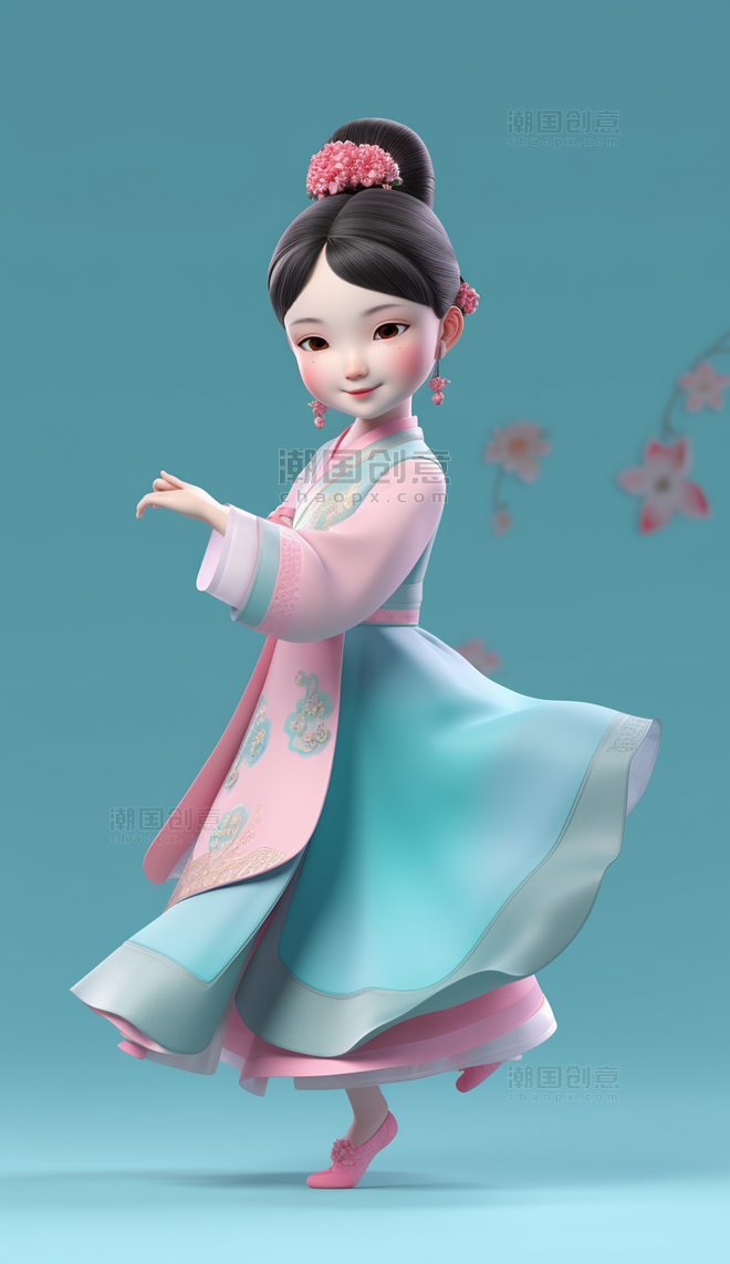 3d古风蓝裙子少女蓝色背景中国风国潮人物女孩