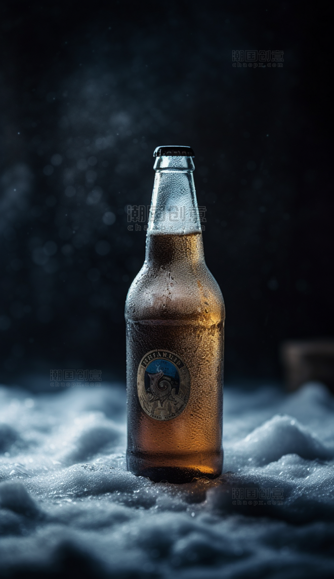 冰雪上瓶装啤酒结霜特写