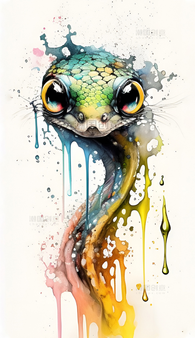 水彩泼墨十二生肖帅气小蛇创意艺术插画