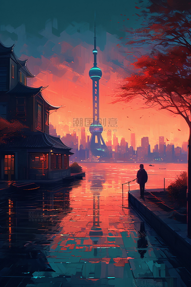 抽象上海外滩风景数字艺术插画