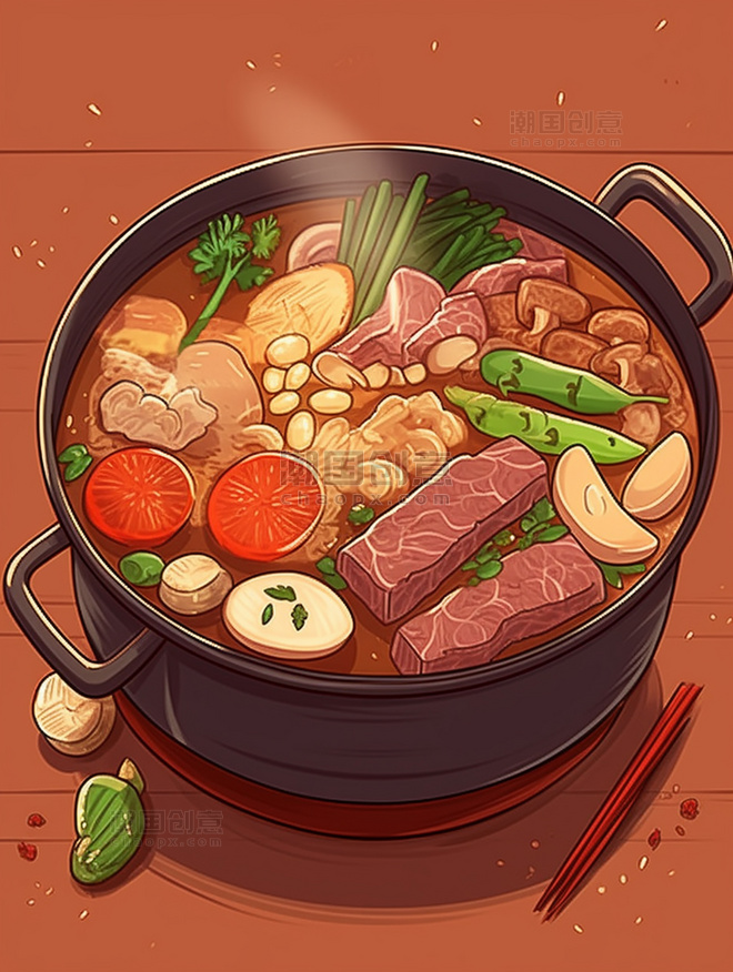 有蔬菜和肉中餐手绘风插画扁平插画一锅炖火锅