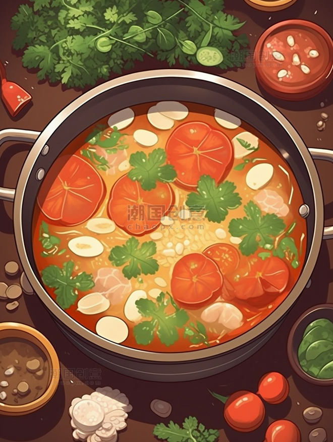 中餐一锅炖火锅有蔬菜和肉手绘风插画扁平插画