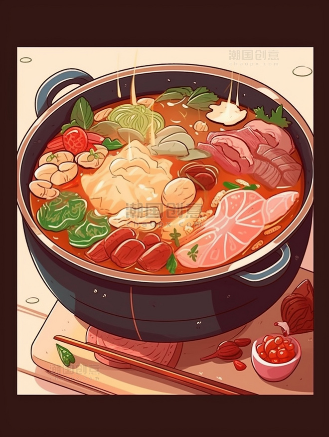 插画扁平插画中餐手绘风一锅炖火锅有蔬菜和肉