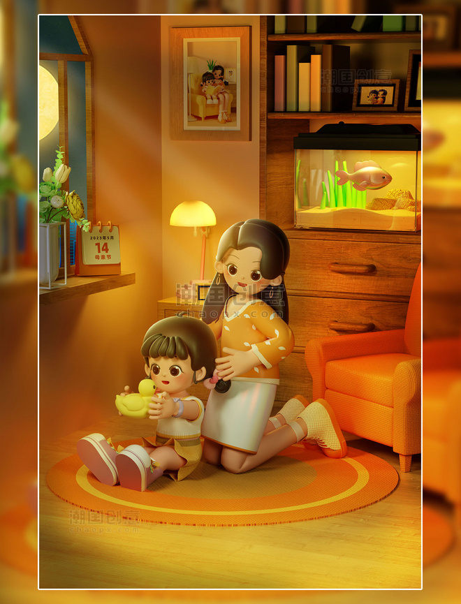 3D立体母亲节妈妈和女儿温馨场景海报
