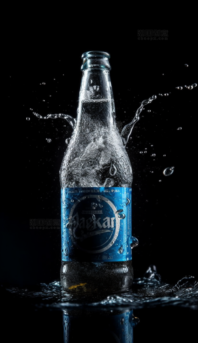 商业摄影水滴四溅特写镜头啤酒蓝色商标