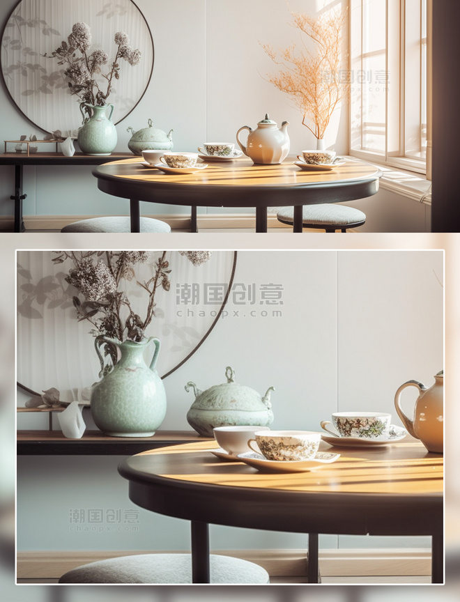 茶室茶具桌子装饰花场景摄影房间室内装修