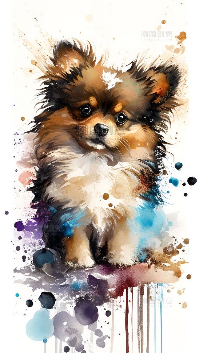 水彩泼墨风格十二生肖帅气小狗创意艺术插画