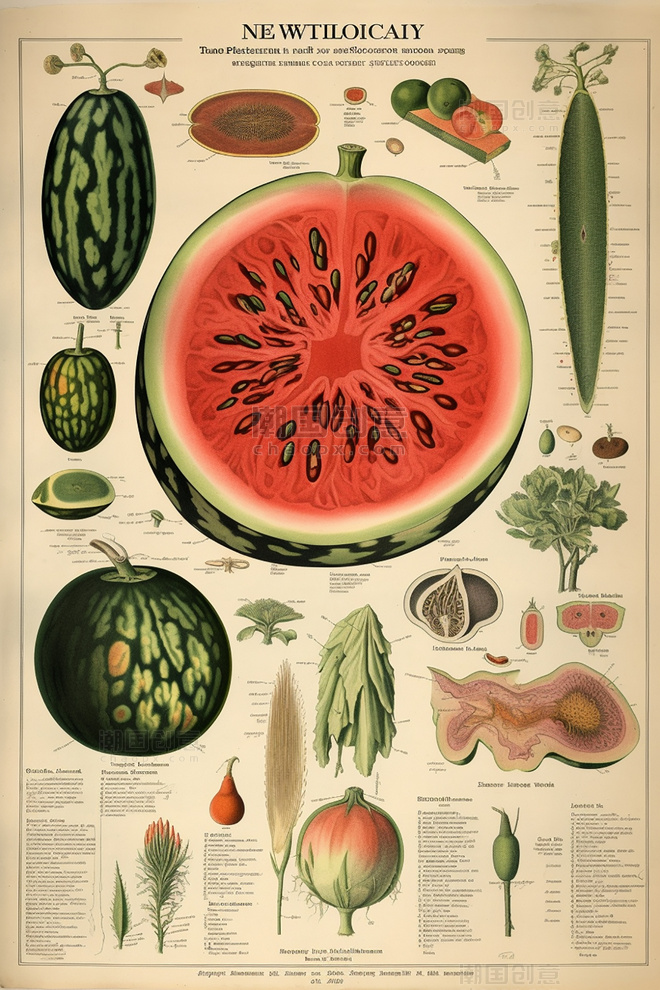 西瓜植物科普科学展示手绘插图