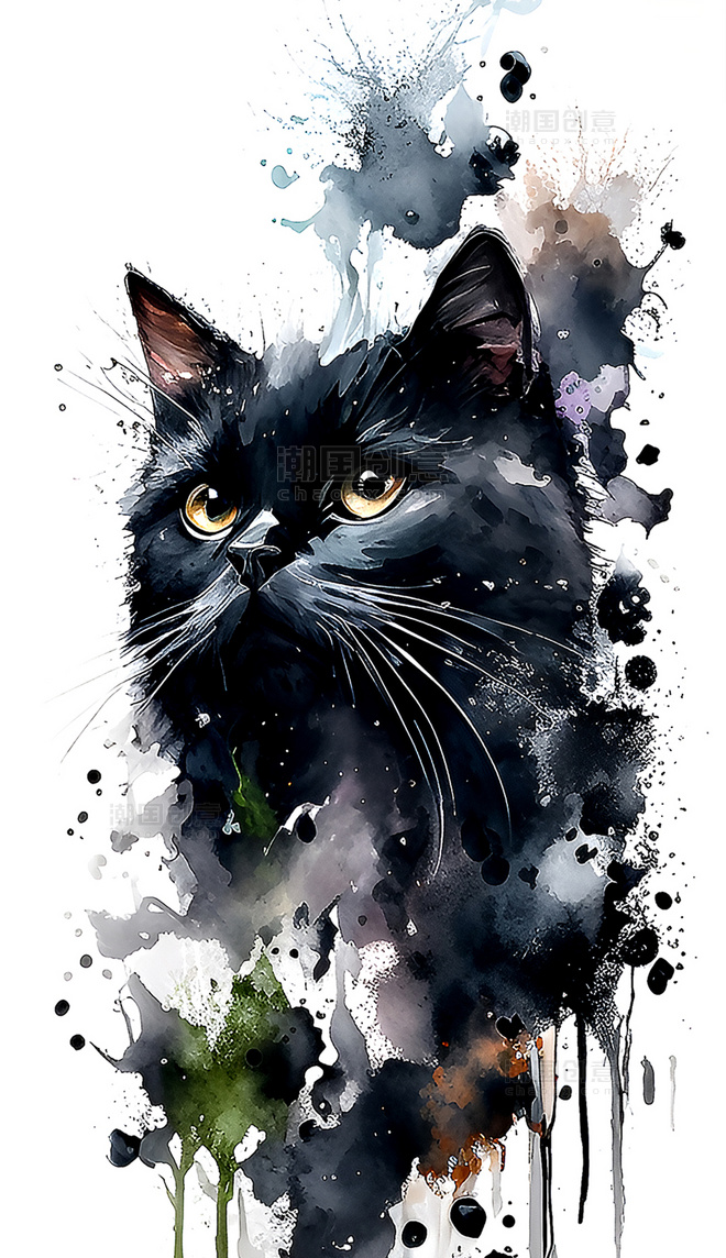 水彩泼墨黑猫创意艺术插画